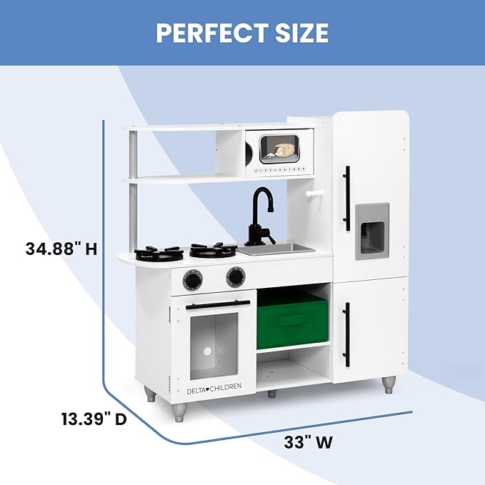 Delta Children Deluxe Modern Kitchen - Toy Kitchen Playset with Realistic Knobs That Turn/Click, Oven, Sink and Fridge/Freezer with Ice Maker, White