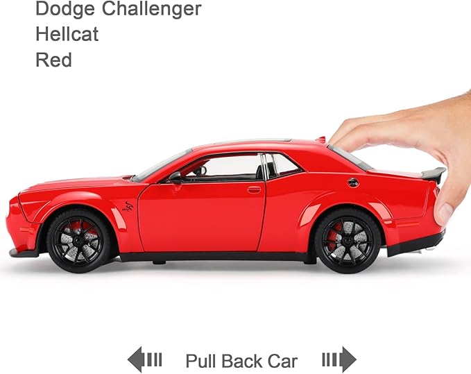 SASBSC Hellcat Toy Cars for Boys Age 3-12 1:24 Challenger Car Toys Diecast Metal Car Model with Light & Sound Collectable Muscle Cars for 3+ Year Old Kids (Red)