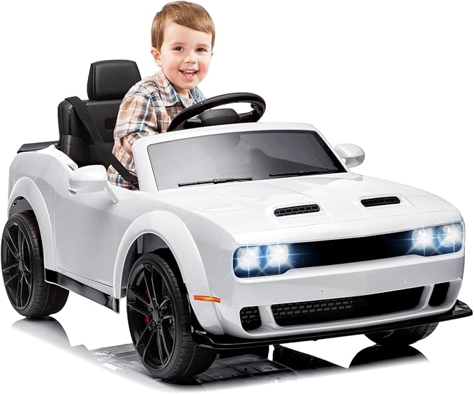 Kids Electric Car | Licensed Dodge Challenger Ride-On 12V Battery-Powered Vehicle with Remote, LED Lights, Bluetooth, MP3 for Boys and Girls, White