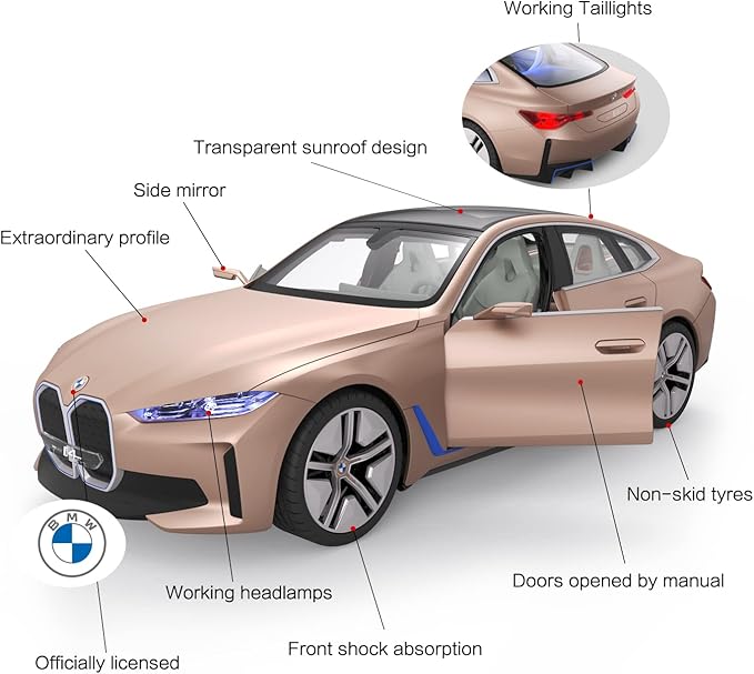 RASTAR BMW i4 Remote Control Car, 1/14 BMW i4 Concept RC Toy Car Golden BMW Model Car Diecast for Kids Boys Adults