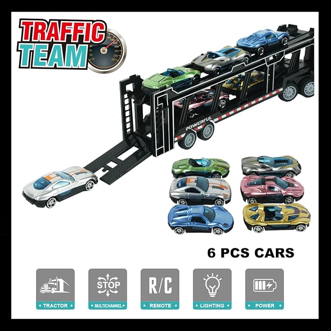 Remote Control Car Transporter Truck Includes 6 Cars, 14" 1:48 Car Transporter Semi Truck Toy, Equipped with 2 Rechargeable Batteries, Gifts Ideas for Boys Age 3-8 Year Old
