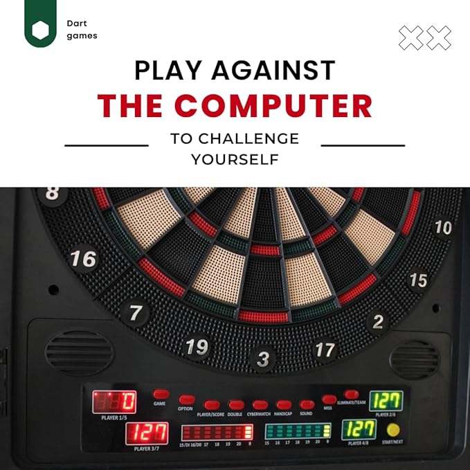 Dartboard Professional Electronic Dart Board with LED Digital Scoreboard, Wooden MDF Cabinet, 27 Games, 202 Variations, Includes 16 Soft Tip Darts & 16 Replacement Tips, Perfect for Adults Game Room