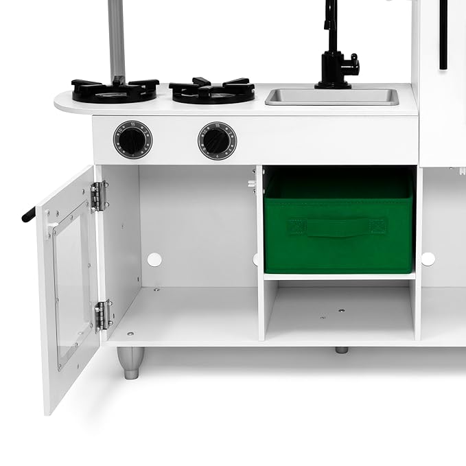 Delta Children Deluxe Modern Kitchen - Toy Kitchen Playset with Realistic Knobs That Turn/Click, Oven, Sink and Fridge/Freezer with Ice Maker, White