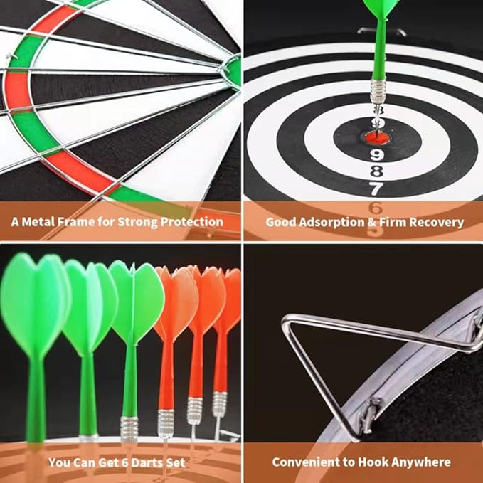Dart Board Game Set - 17'' Double Sided Usable Dartboard with 6 Steel Tip Darts, Excellent Indoor & Outdoor Party Game, Christmas Birthday Gifts for Adults Teens Family Office Leisure Sport