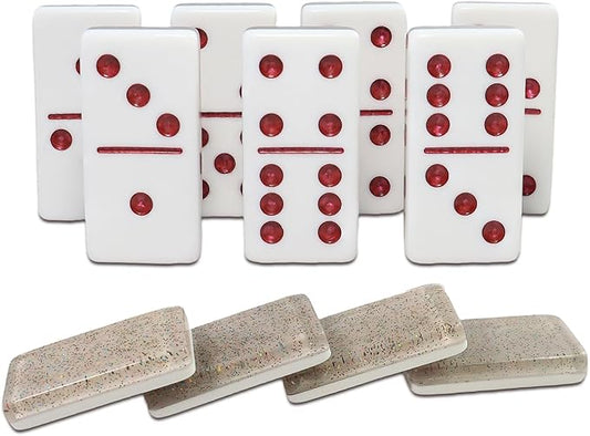 Dominoes Set for Adults, Double 6 Dominos Game Set with 28 Domino Tiles Double with Upscale Gift Boxes -7 Polyhedral Dice -Classic Board Games (Light Brown)