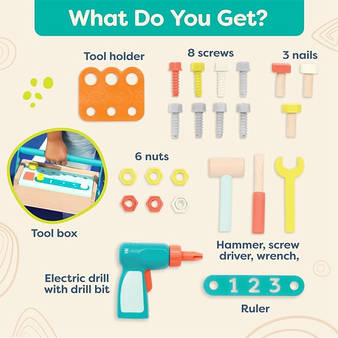 B. toys- Fix ‘n’ Play Kit- Pretend Play Tool Box – Wooden Toolbox & Accessories (25 Pcs) – Carpenter Set for Kids – Play Set with Drill, Hammer, Screwdriver & More – 3 Years +