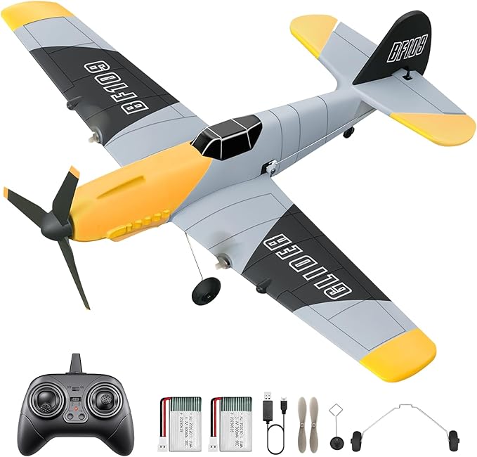 HAWK'S WORK 3 Channel RC Plane BF-109, Remote Control Airplane Ready to Fly, 2.4GHz 6-axis Gyro Stabilizer, Easy to Fly for Kids & Beginners