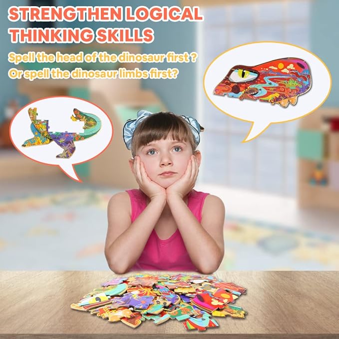 HAS Floor Puzzles for Ages Kids 4-10, 48 PCS Double-Sided Dinosaur Puzzles, Unique Large Pieces Irregular Shape Jigsaw Puzzle for Children(T-Rex)