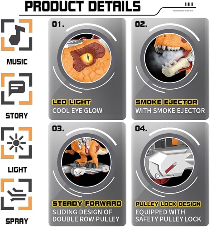 Dinosaur Ride-On Scooter for Toddlers – Electric Push & Ride Foot-to-Floor Sliding Rideable Toy with Music, Lights, Mist Spray for Boys & Girls - Orange (Orange)