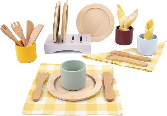 Wooden Toy Plates and Dishes Set,Play Kitchen Cutlery and Plate Set,21Piece Kids Kitchen Playset Accessories for Toddlers Boys Girls Ages 3+