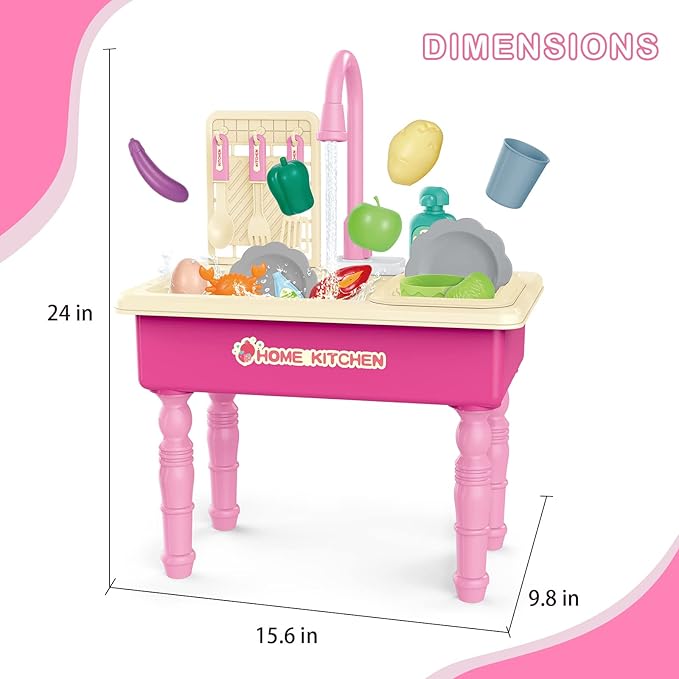 deAO Kitchen Toy Sink Toys with Cutting Food,Electric Dishwasher Playing Toy with Running Water, Role Playing Game Pretend Food,44 PCS Kitchen Accessories Set for 3 4 5 Years Old Girls Boys
