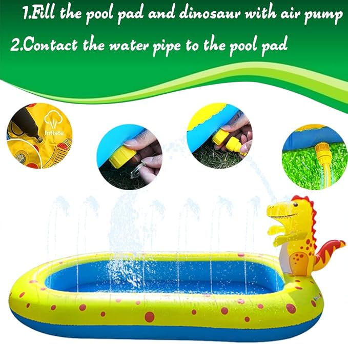 Inflatable Sprinkler Pool for Kid Family, Cute Dinosaur Sprinkler Swimming Pool, 3 in 1 Splash Play Wading Kiddie Pool for Summer Outdoor Water Play, Backyard, Garden Water Fun Toy, 67"x 41"