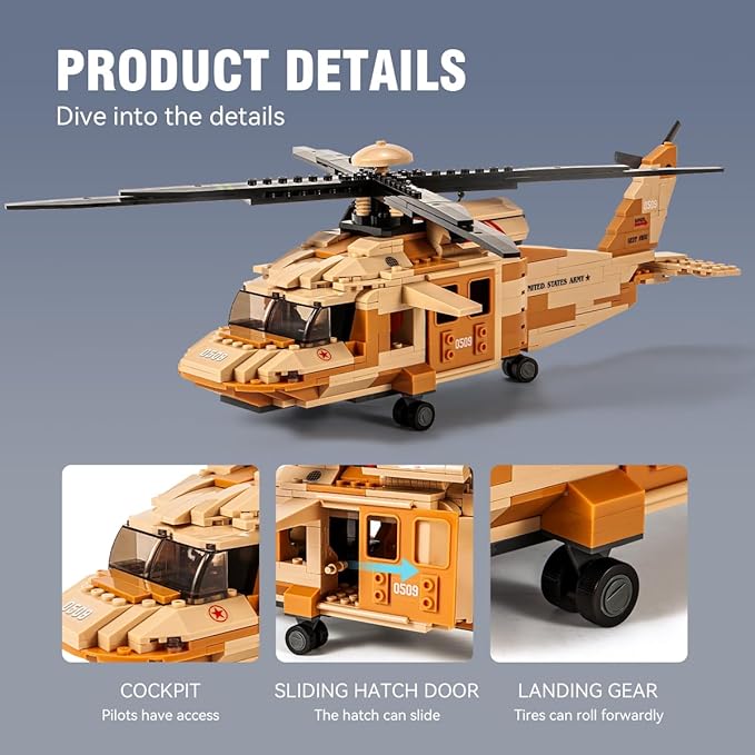 DAHONPA UH-60L Medium Utility Helicopter Black Hawk Military Army Airplane Building Bricks Set with 4 Figure, 439 Pieces Air-Force Build Blocks Toy, Gift for Kid and Adult.