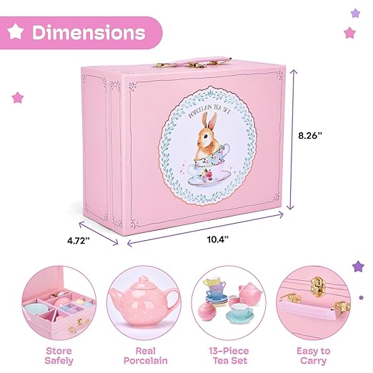 Jewelkeeper 13 Piece Complete Toddler Porcelain Tea Party Set - Exquisite Tea Cup Set for Little Girls - Includes Sugar Bowl, Creamer, Saucers in a Carrying Case - Colorful Pastel Dots