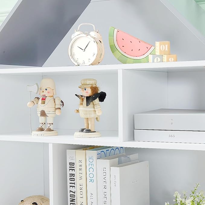 Wooden Dollhouse Bookshelf 4-Tier Children's Bookcase Display Storage Doll House Organizer Furniture for Kids Bedroom Playroom Nursery Kindergarten Gift for Girls Boys Ages 3-8 Years Old