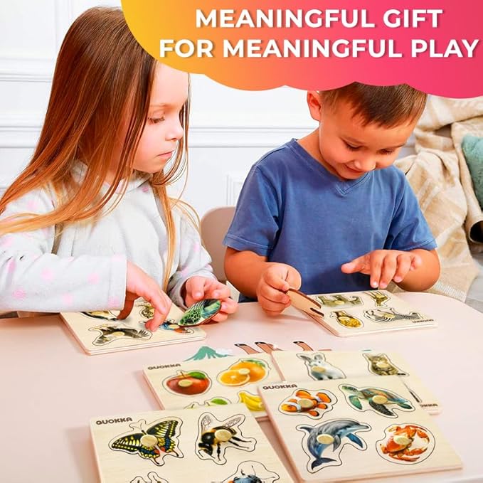 QUOKKA Wooden Puzzles for Toddlers 1-3 – 4 Set Pegged Puzzles for Kids Ages 2-4 – Animal and Birds Learning Toy for Kids – Gift Realistic Educational Game for Boy and Girl