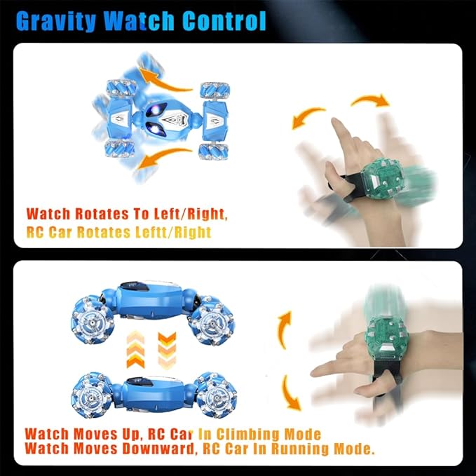 FOTN Remote Control/Gesture Sensing Stunt Car,4WD All-Terrain 2.4Ghz RC Blue Dual Control Off-Road Vehicle ，Lights Music，Modular Lithium Battery, 360° Flips，Snake-Move, Boy/Girl Birthday Gift