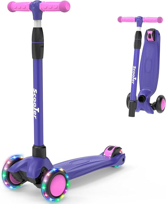 Kids Scooter,LED Lighted Wheels and 3 Adjustable Height Handlebars Scotters for Kids 3-12,3 Wheel Toddler Kick Scotter for Boys & Girls up to 132 Lbs.