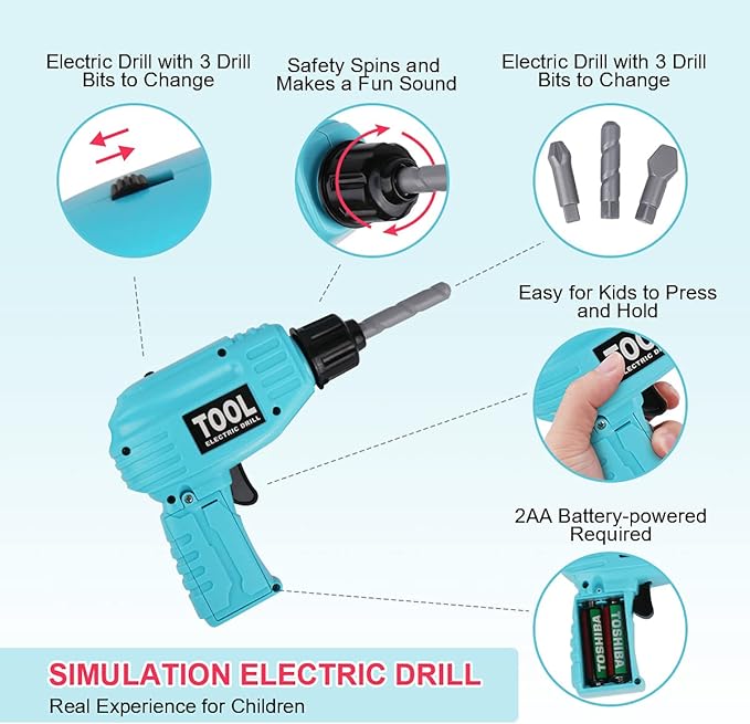 LOYO Kids Toys Tool Set - Pretend Play Construction Toy with Tool Box Kids Tool Belt Electronic Toy Drill Construction Accessories Gift for Toddlers Boys Ages 3 , 4, 5, 6, 7 Years Old (Blue)