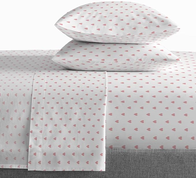 Saturday Park Pink Hearts Queen Sheet Set - 4 Piece 100% Organic Cotton Sheets - GOTS & Oeko-TEX Certified