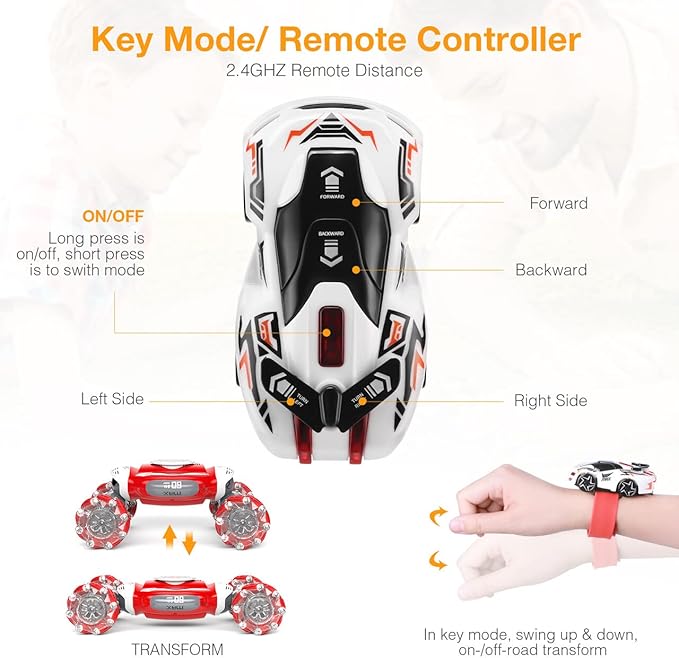Powerextra 2024 New Remote Control Car, 1:12 Gesture Control Rc Stunt Car with Light & Music, 4WD Transform Off Road Double Side 360° Rotating Glove Racing Toy Car, 90+ Mins Play Car