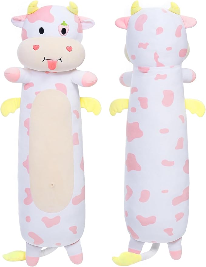Long Cow Body Pillow 43.3Inch Cow Body Pillow, Pink Cow Stuffed Animal Glow in The Dark, Strawberry Cow Pillow with Heart for Kids Girlfriend,Birthday, Thanksgiving, Christmas Pillow Gift