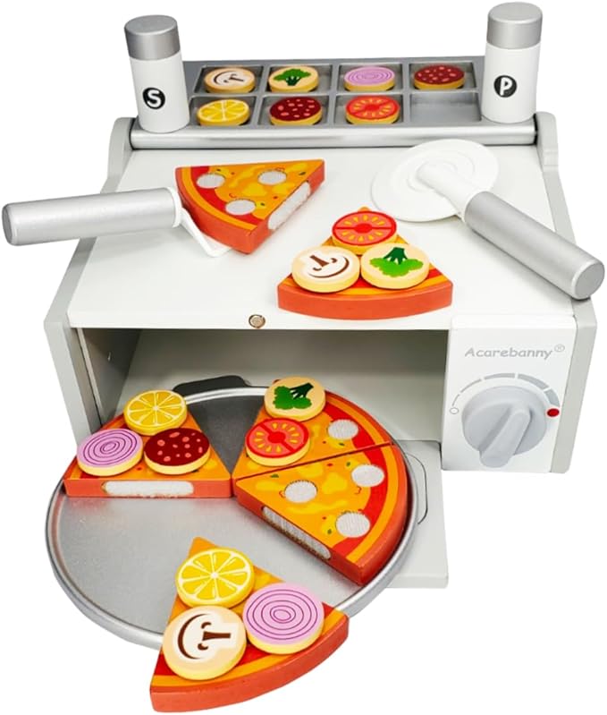 TEKOR Toys Toy Pizza Oven Set | Pizza Oven | Pizza Cutter | Server | 6 Slices | 18 toppings | Salt & Pepper Shaker | Menu | Money | Children Kids Apron & Chef Hat| Using Imagination and Endless Fun