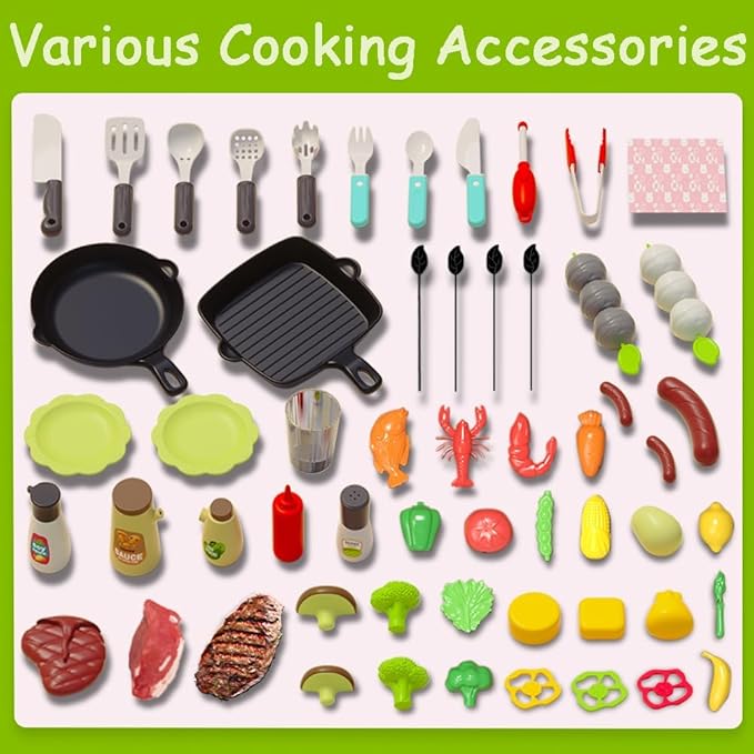 Barbecue Grill Toy Set, Kids BBQ Grill Playset with Smoke Sound Light Simulation Camping Cooking Interactive Toys Christmas Birthday Gift for Toddlers Girls Boys 2-6