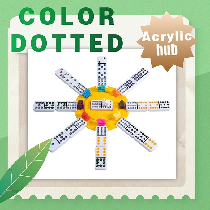 Mexican Dominoes Set in WoodenCase Double 12 Color Dotted Set with Acrylic Hub, 91 Color Dot Tiles, 9 Trains, Family Game for Adults (Color Dotted)