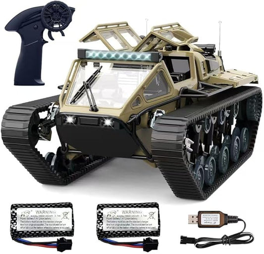 RC Tank Car, 1:16 Remote Control Crawler 10KM/H High Speed Tank, 2.4Ghz RC Rock Crawler Off-Road 4WD 360°Rotating Drifting Car with 2 Batteries, Military Truck Toy for Kids