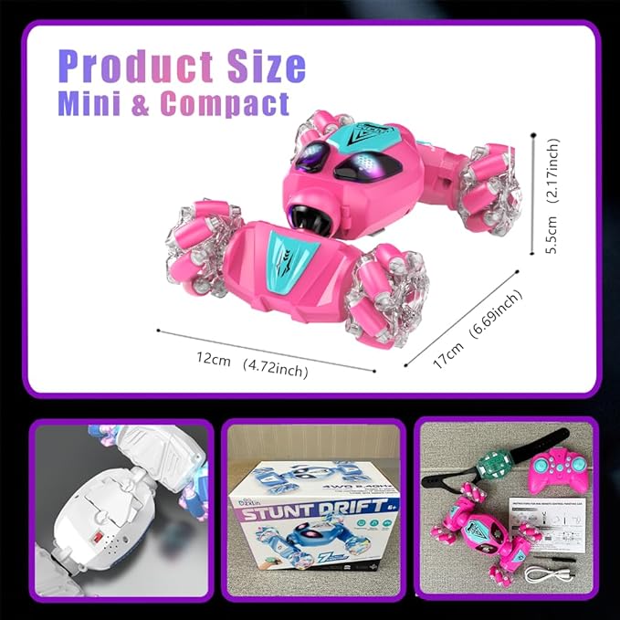 FOTN Remote Control/Gesture Sensing Stunt Car,4WD All-Terrain 2.4Ghz RC Pink Dual Control Off-Road Vehicle ，Lights Music，Modular Lithium Battery, 360° Flips，Snake-Move, Boy/Girl Birthday Gift