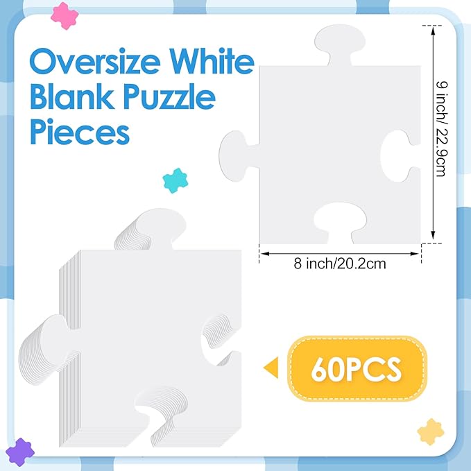 60 Pcs Large White Blank Cardboard Puzzles to Draw on 8 x 9 Inch Make Your Own Jigsaw Puzzle Pieces Giant Double Puzzle Blank White Papers for Kids Adult DIY Arts and Crafts Projects