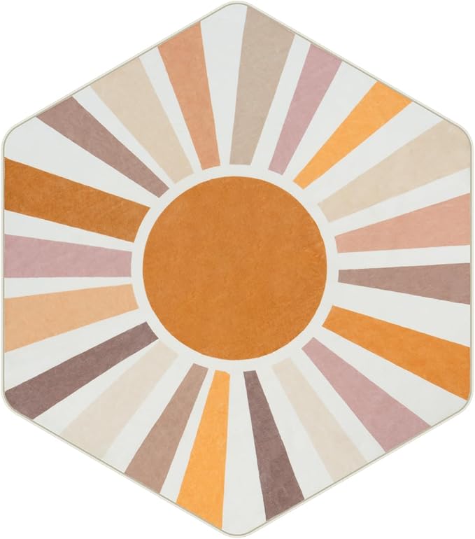 STARUIA Boho Washable Hexagon Rainbow Nursery Rug for Princess Tent Kids Play Castle, 4.6ft Colorful Sun for Kids Play Room, Ultra Soft Carpet for Girls Boys Room Playhouse Classroom Dorm Home Decor