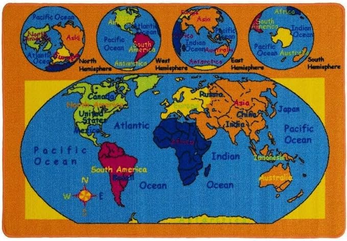 Kids Rug World Map Area Rug 5x7 (Approx : 4'11" X 6' 10") Non Slip Gel Backing