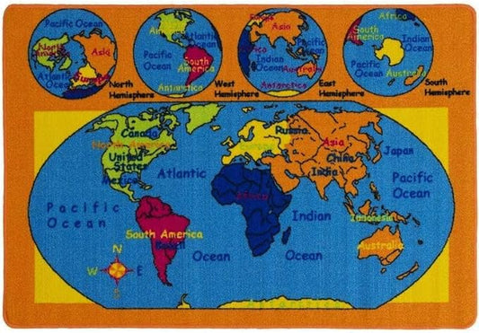 Kids Rug World Map Area Rug 5x7 (Approx : 4'11" X 6' 10") Non Slip Gel Backing