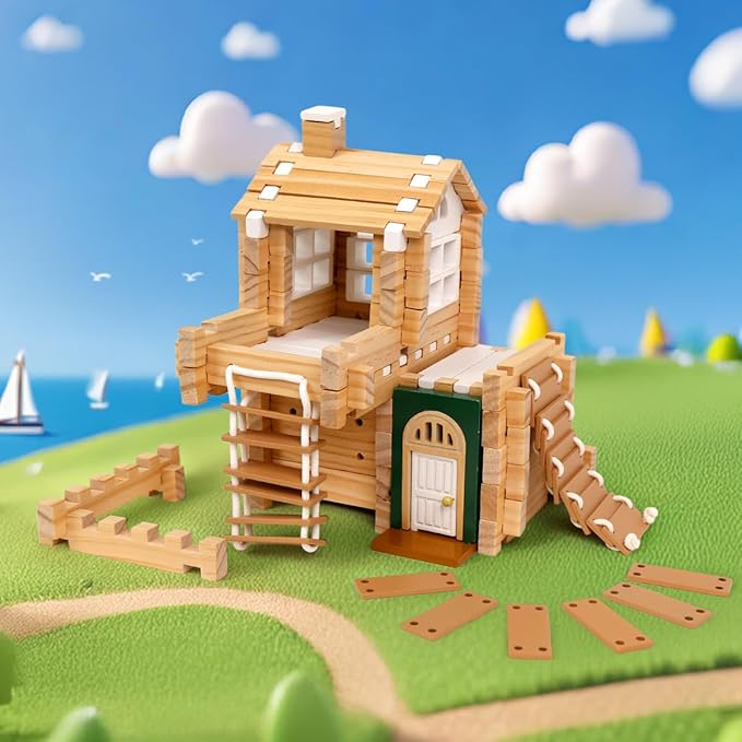 Jovi-mindly＆Notchies 107 Pcs Wooden Blocks Toys with Door and Windows,Classic Old Fashioned Toys,Wooden Building Blocks for Kids Ages 4-8 Boys and Girls,FSC Certified,Graduate Gifts
