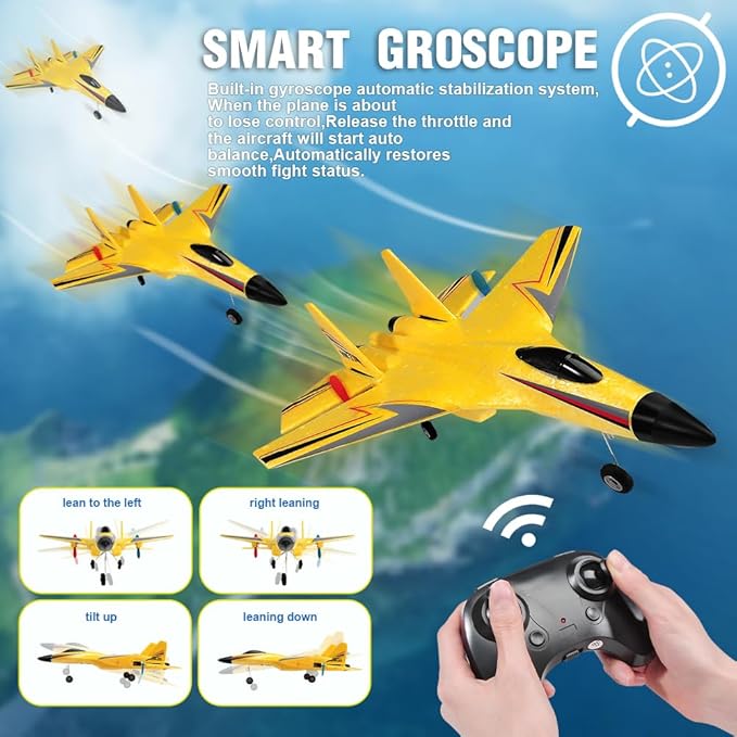 SU-27 RC Airplane,2.4GHz 2 Channel Remote Control Plane with Gyro Night Lights and 2 Batteries, Easy to Fly for Adults, Beginners and Kids Yellow Toy