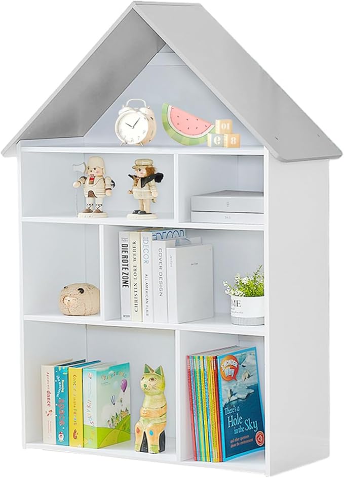Wooden Dollhouse Bookshelf 4-Tier Children's Bookcase Display Storage Doll House Organizer Furniture for Kids Bedroom Playroom Nursery Kindergarten Gift for Girls Boys Ages 3-8 Years Old