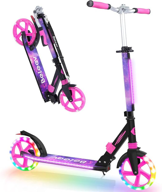 BELEEV V8 Scooters for Kids Ages 6+ with Light-Up Deck, 2 Wheel Folding Scooter for Adults Teens, 4 Adjustable Height, Lightweight Sport Commuter Scooter, Sturdy Frame, Max Load 220 lbs