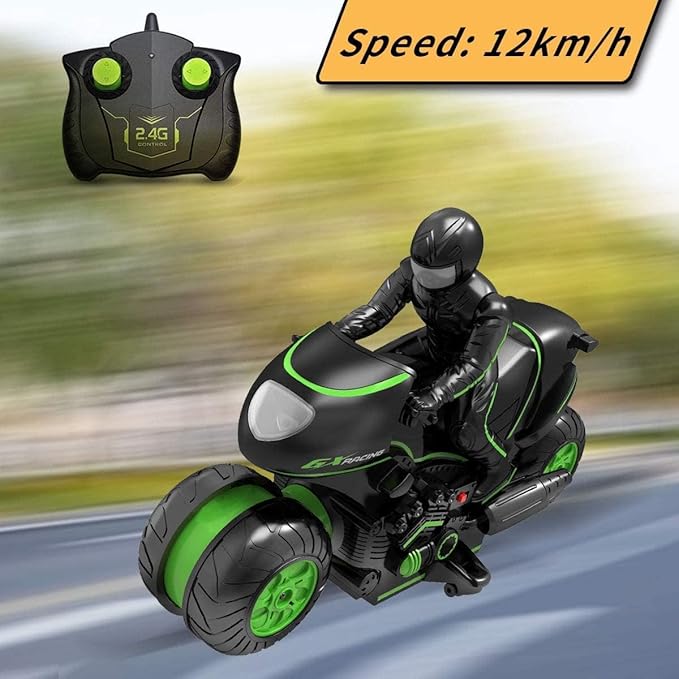 RC Motorcycle, Remote Control Motorcycle 360° Spinning Wheels Stunt Motorbike - Rotating Drift 2WD High Speed Car Toys with Riding Figure - Gift for Kids Boys Girls(Green)