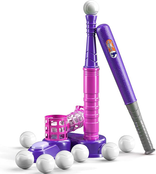 TEMI 2 in 1 Tee Ball Set for Kids 3-8, Kids Baseball T-Ball Set with 10 Balls, Step on Pitching Machine, Batting Tee, Outdoor Sport Toy Games for 3-12 Year Old Boys Girls Toddler