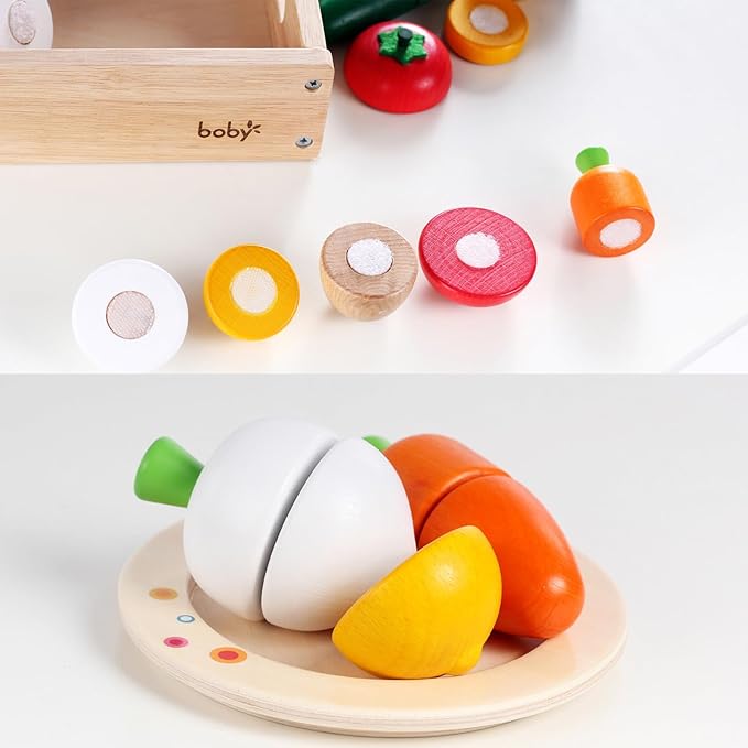 Dailyfunn Wooden Pretend Play Foods Set for Kids Kitchen Montessori Cutting Playset Toys with Storage Box