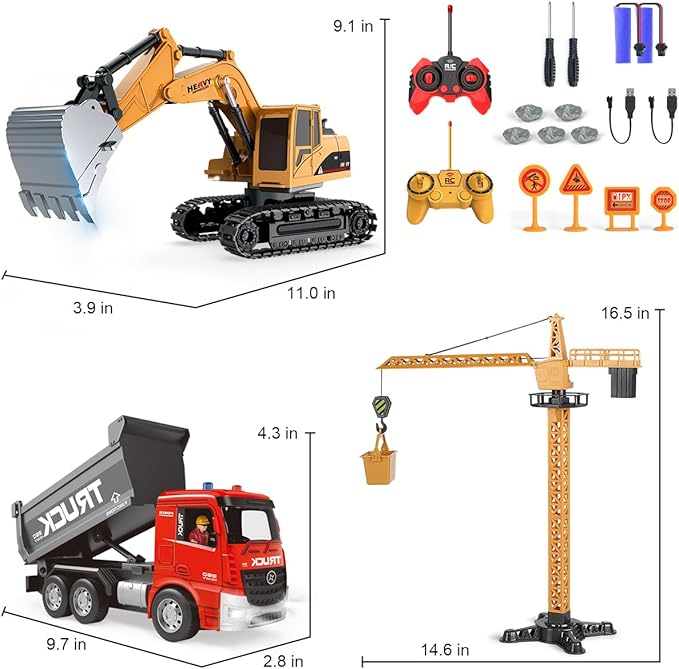 Remote Control Excavator and Dump Truck Toy Set - RC Excavator and Dump Truck with Lights and Sounds - Rechargable Digger Car, Construction Vehicles Toy Set Gifts for Boys Kids