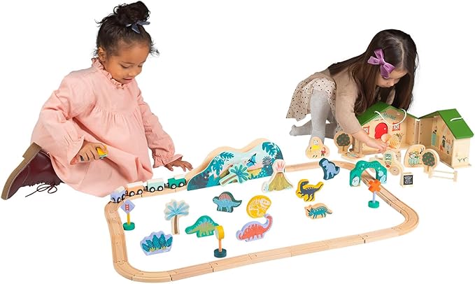 Manhattan Toy T-Rex Express 45-Piece Jurassic-Themed Wooden Toy Train Set for Toddlers 3 Years and Up