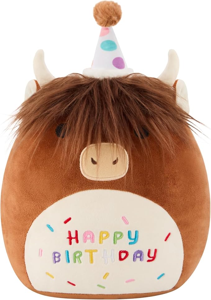 SQEQE Happy Birthday Highland Cow Plush Cute Cow Stuffed Animal Toy Brown Cow Plushies Doll Home Decor for Kids Girls Boys(Cow, 10 Inch)