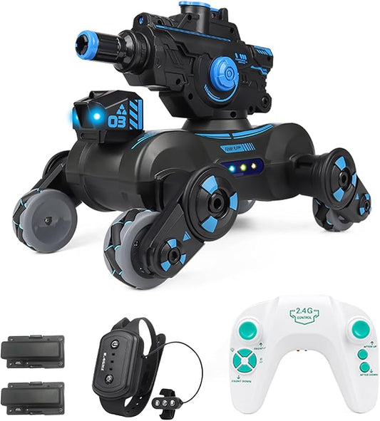 RC Tank That Shoots, RC Stunt Car Shooting Water Bullets, Gesture Sensing Remote Control Tank with 360?Rotation, Spray, Light and Music, 2.4GHz 4WD RC Cars with 2 Batteries for Kids (Black)