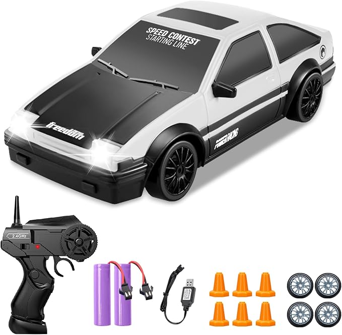 RC Cars Remote Control Car 1/24 2.4GHz 4WD Drift Car High Speed RC Cars Racing Cars Cool Lights Two Rechargeable Batteries Extra Tires Birthday Toy Car Kids Boys Adults White - 2 Batteries
