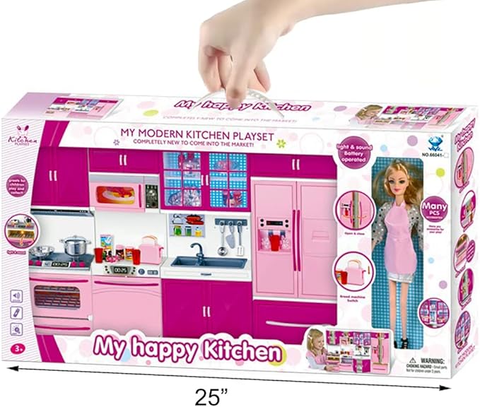 Doll Kitchen Playset for Kids, My Modern Mini Kitchen House Furniture Pretend Play Toy Accessories Set with Realistic Lights & Sounds for Toddlers, Girls (4-in-1 w/Doll)