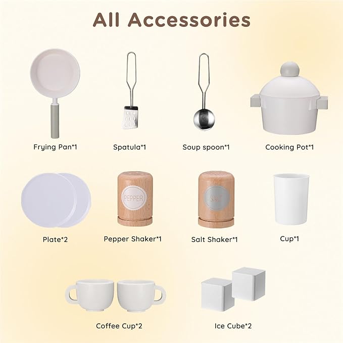 SainSmart Jr. Play Kitchen for Kids, Wooden Kitchen Playset with Lights & Sounds, Ice Maker, Oven & Sink, Trendy Home Style Toy Kitchen, Gift for 3+ Years