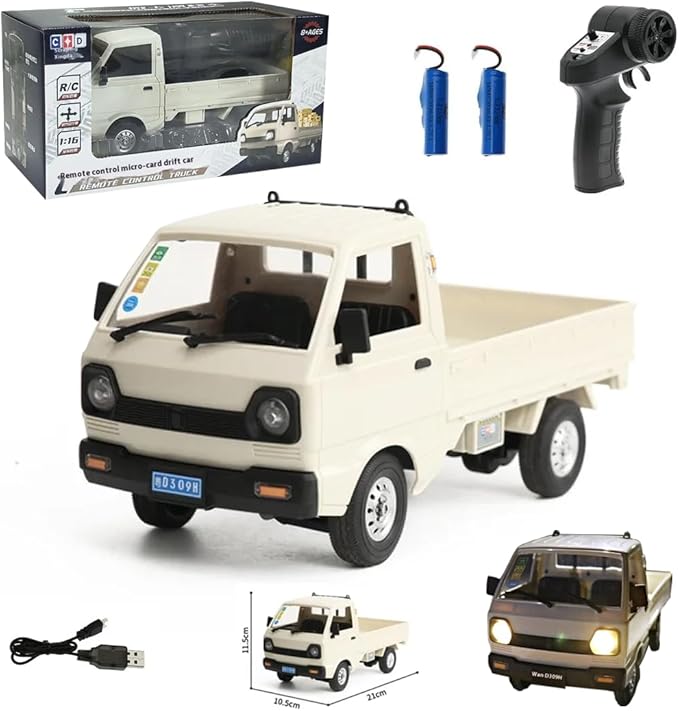 WPL D12 1/16 RC Truck for Adult, 2.4GHz Mini Truck Remote Control Drift Pickup Off Road Vehicle, 130 Motor Rear Drive 20KM/H Cargo Car with Led Light - 2 Battery